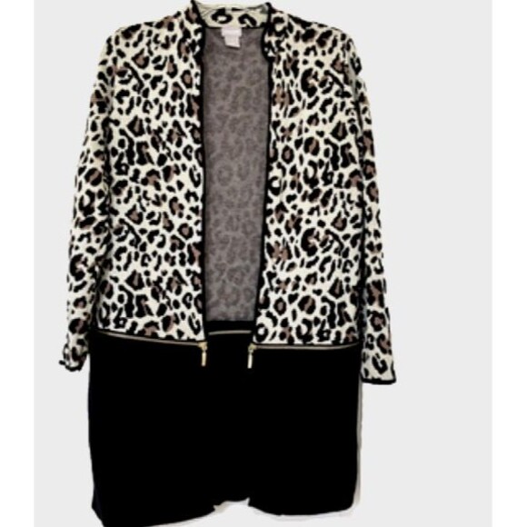 CHICO'S sz 1 sz M Black Animal Print Zip Off Tunic Over-Top Duster Open Cardigan - Picture 2 of 9
